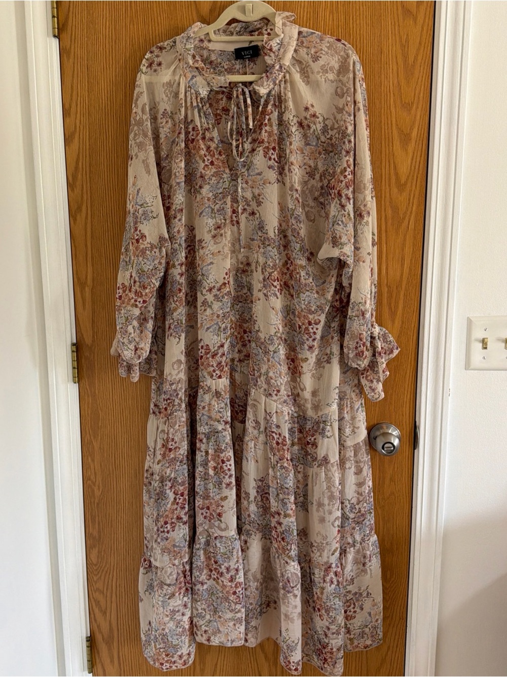 Vici Boho Sheer Floral Romantic Maxi Split Tie Neck Dress Long Sleeve Women’s L